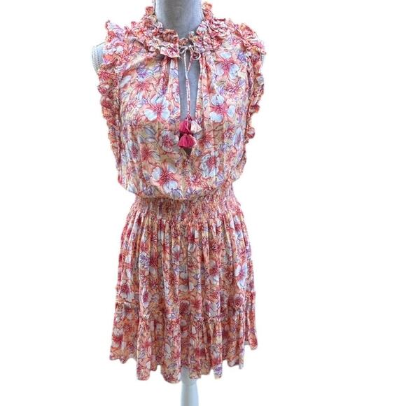 Poupette St Barth Floral Ruffle Smocked Mini Dress Size Small Pink Orange Boho - Picture 1 of 9
